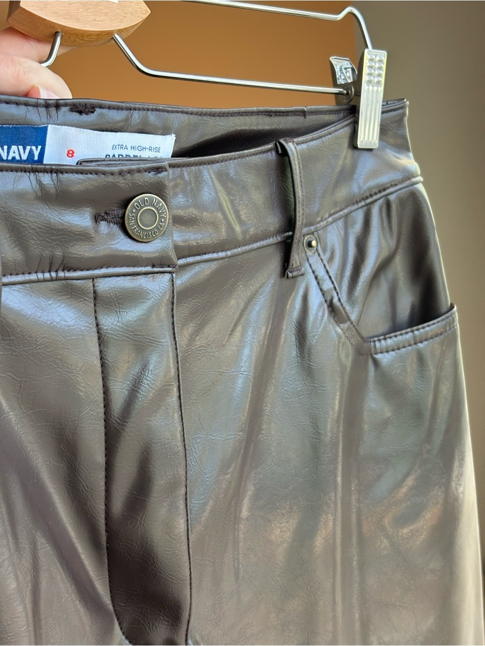 Old Navy Faux Leather Barrel Leg Pants in Dark Brown - Picture 3 of 7